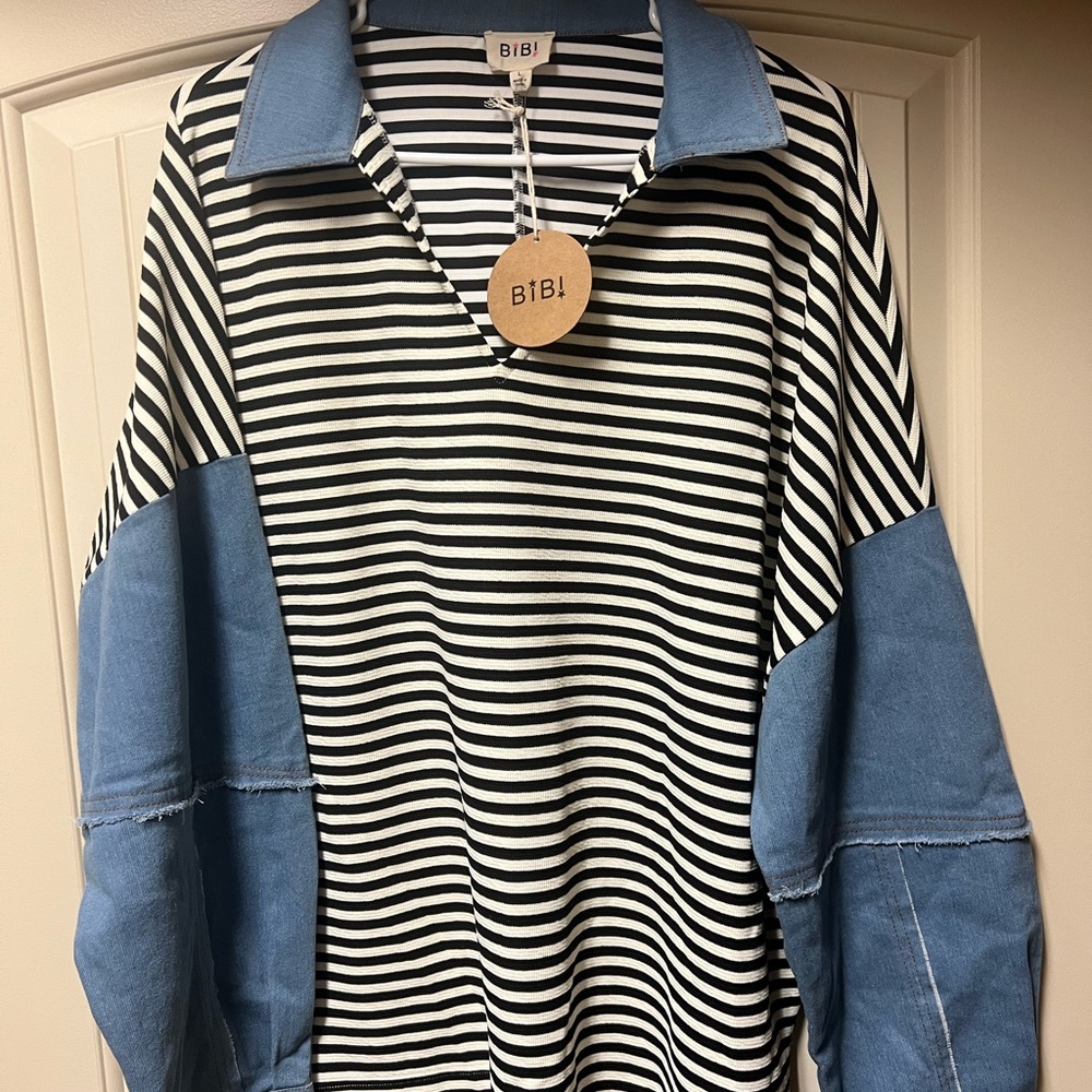 BiBi Black and White Striped Top with Blue Accents